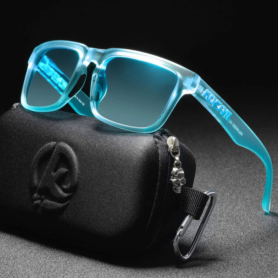KDEAM light blue frame polarised sunglasses with dark grey lenses and matching storage case