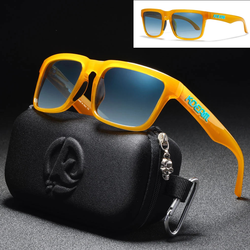 KDEAM orange frame polarised sunglasses with UV400 protection and hard carry case