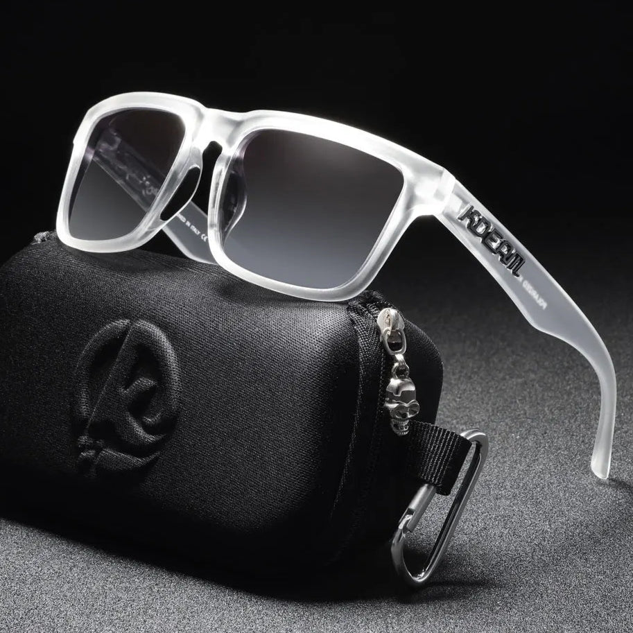 KDEAM clear transparent frame sunglasses with grey polarised UV400 lenses and carry case