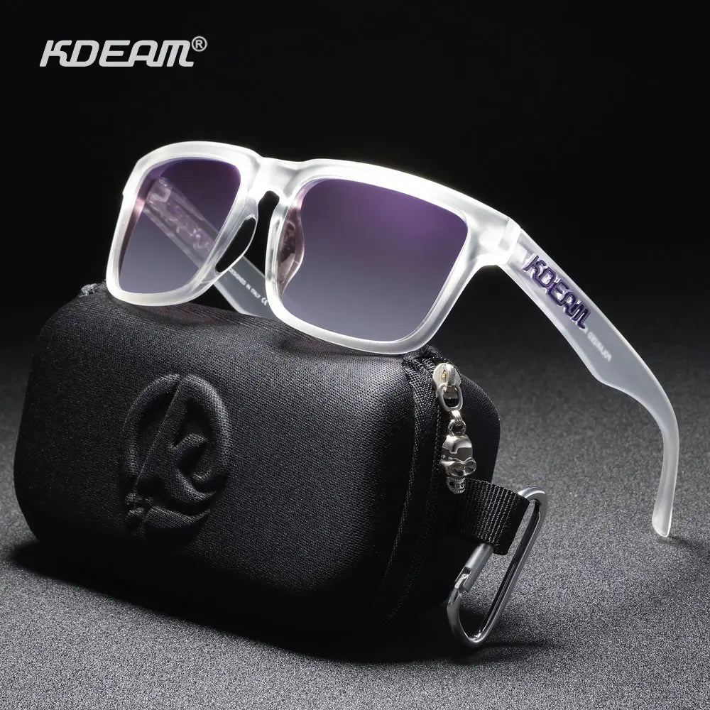 KDEAM clear frame sunglasses with purple mirror polarised lenses for outdoor and fishing use