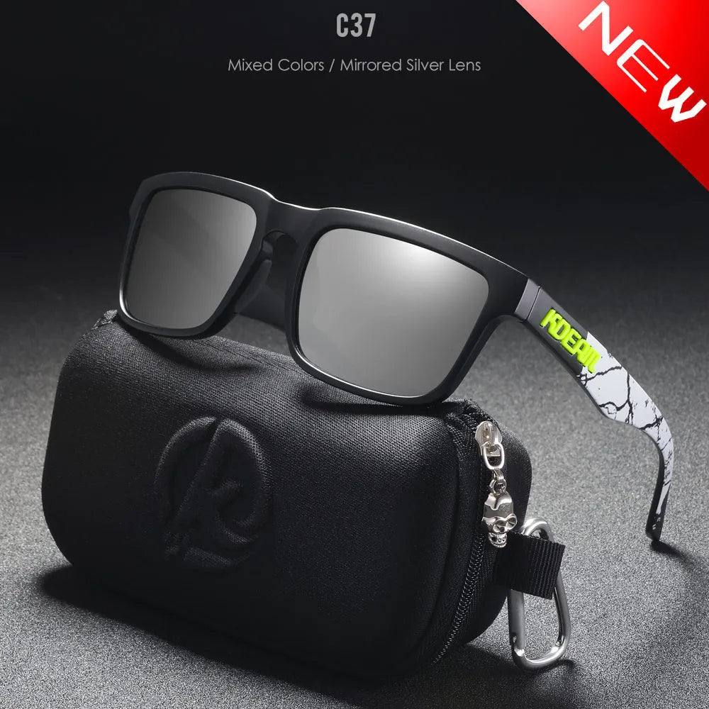 KDEAM black frame sunglasses with mirrored silver polarised lenses and marble-patterned arms, displayed with case