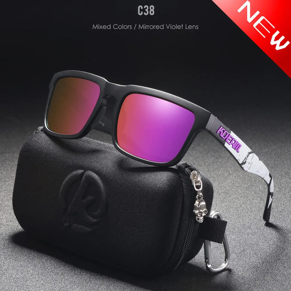 KDEAM black frame sunglasses with violet mirror polarised lenses and protective travel case