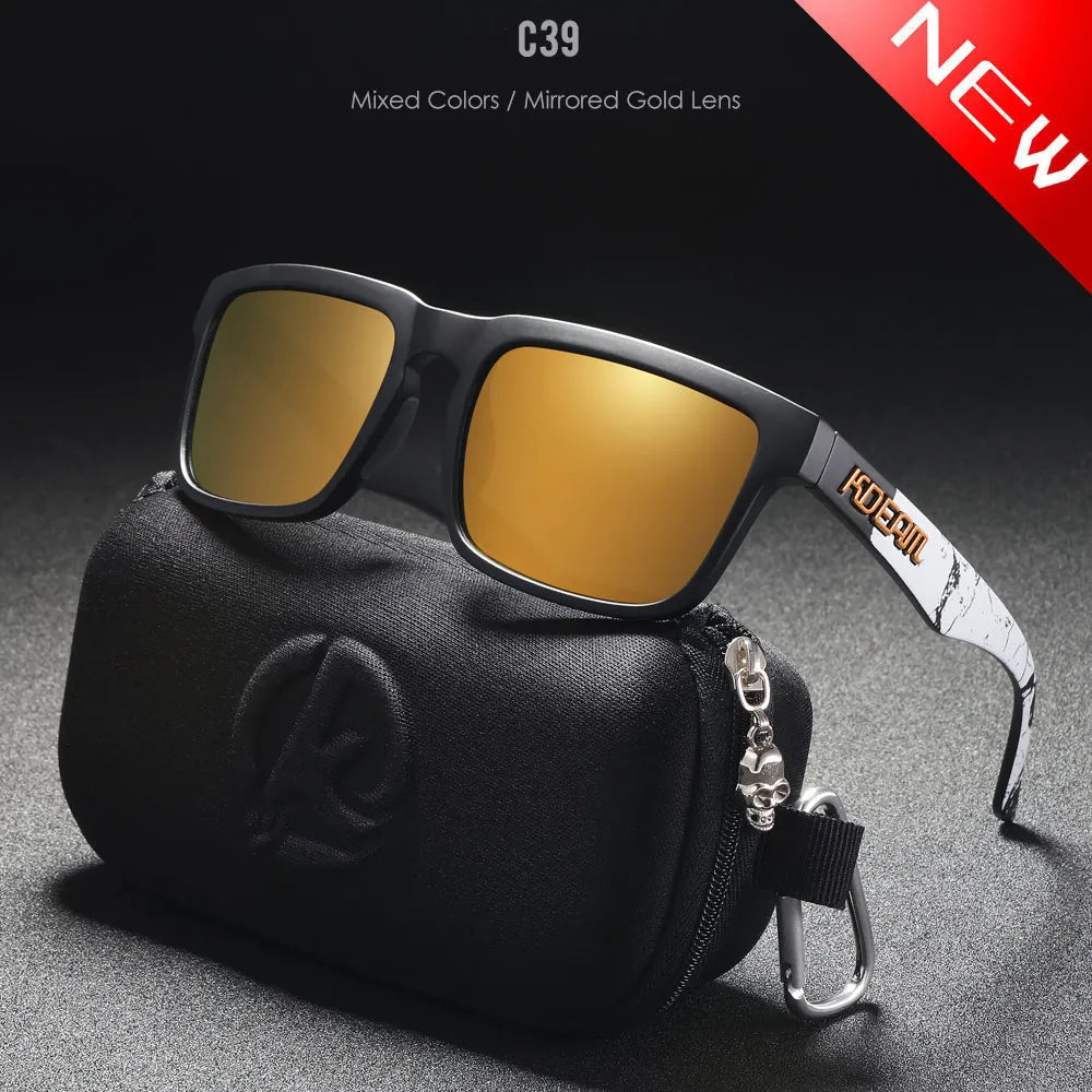 KDEAM black frame sunglasses with gold mirror polarised lenses and UV400 protection