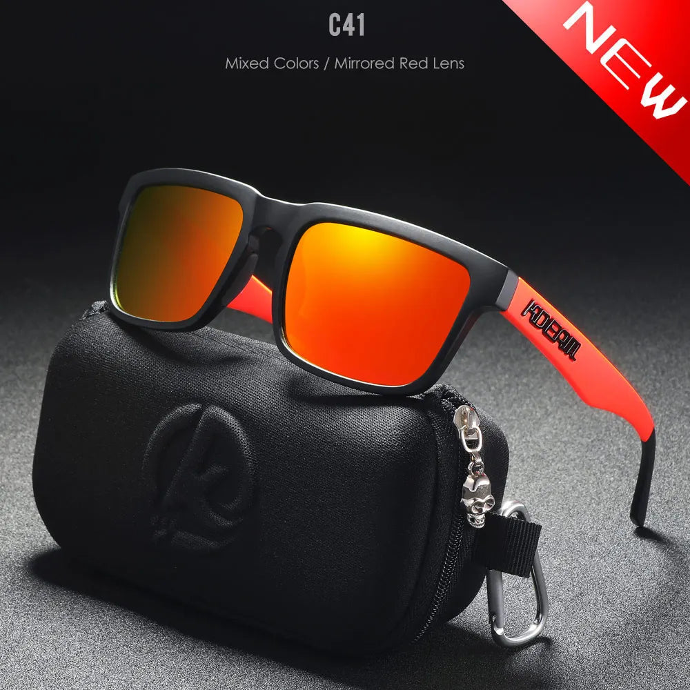 KDEAM red frame sunglasses with gold mirror polarised lenses and durable storage case