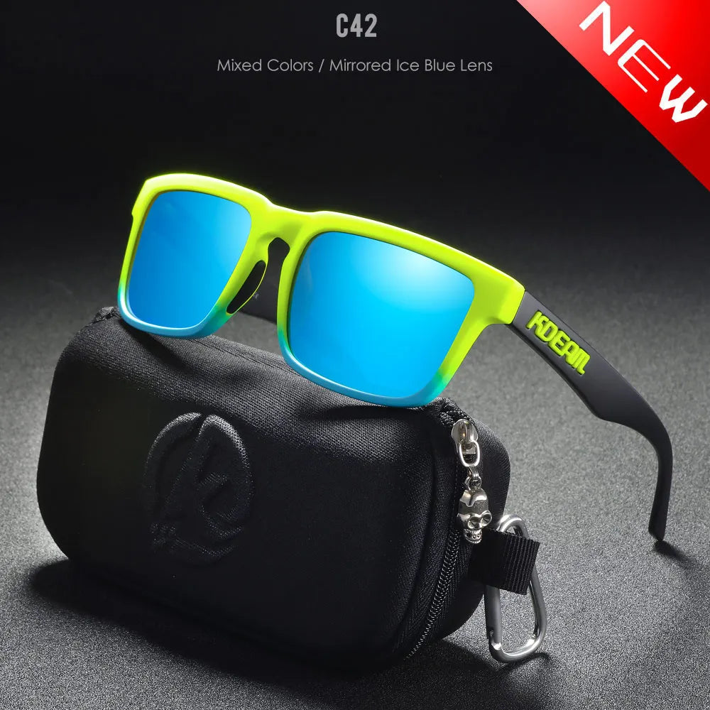 KDEAM neon green frame sunglasses with blue mirror polarised lenses and UV400 coating