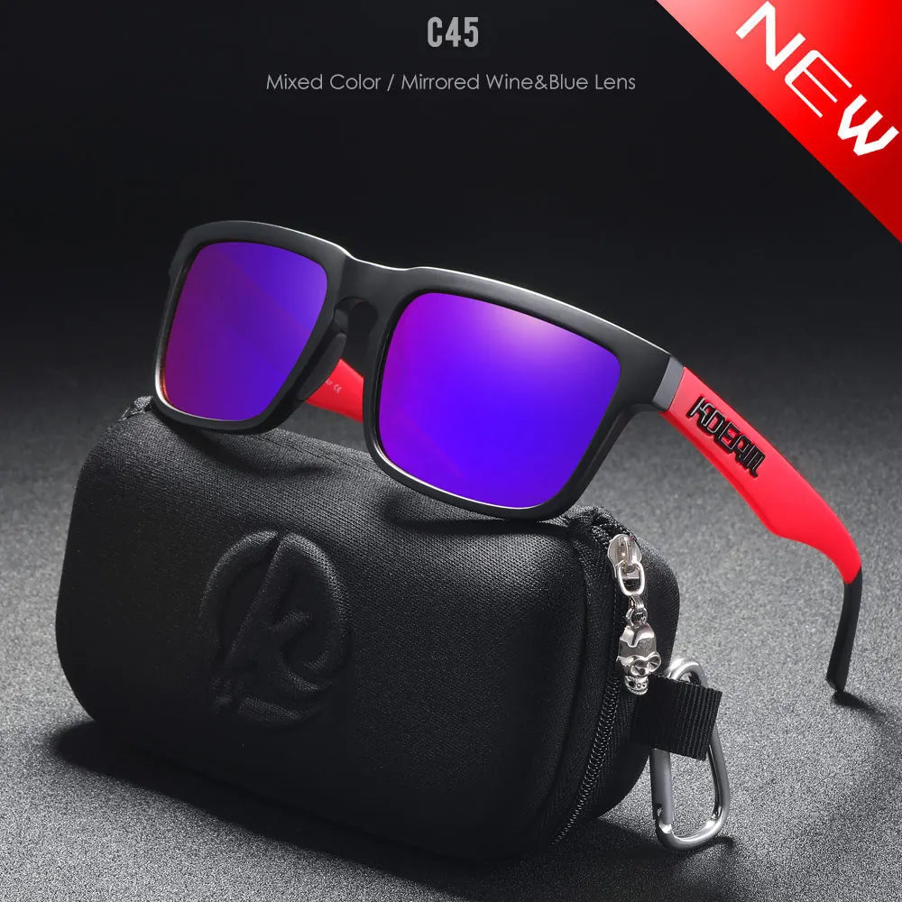 KDEAM red frame sunglasses with purple mirror polarised UV400 lenses and compact hard case