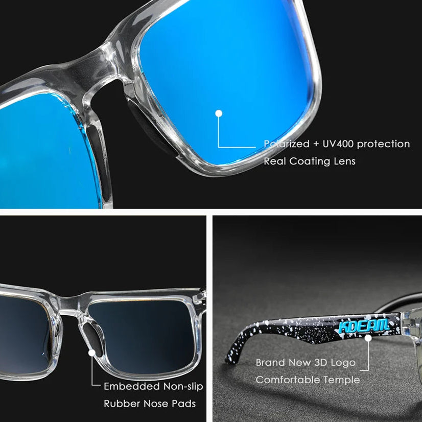 Close-up of KDEAM polarised lenses showing anti-reflective coating and durable TR90 frame design