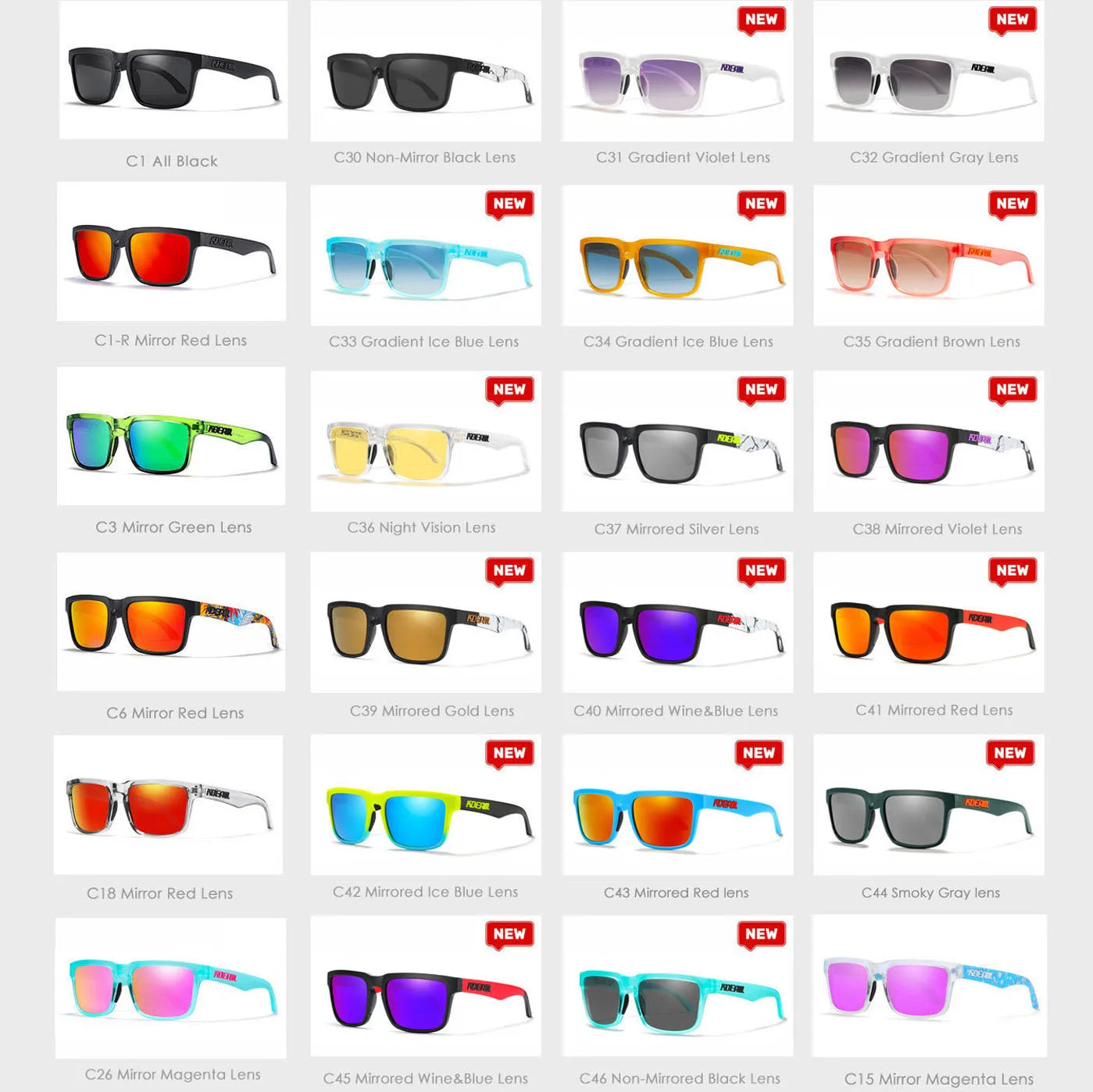 KDEAM sunglasses colour chart showing multiple lens and frame options for fishing and outdoor wear