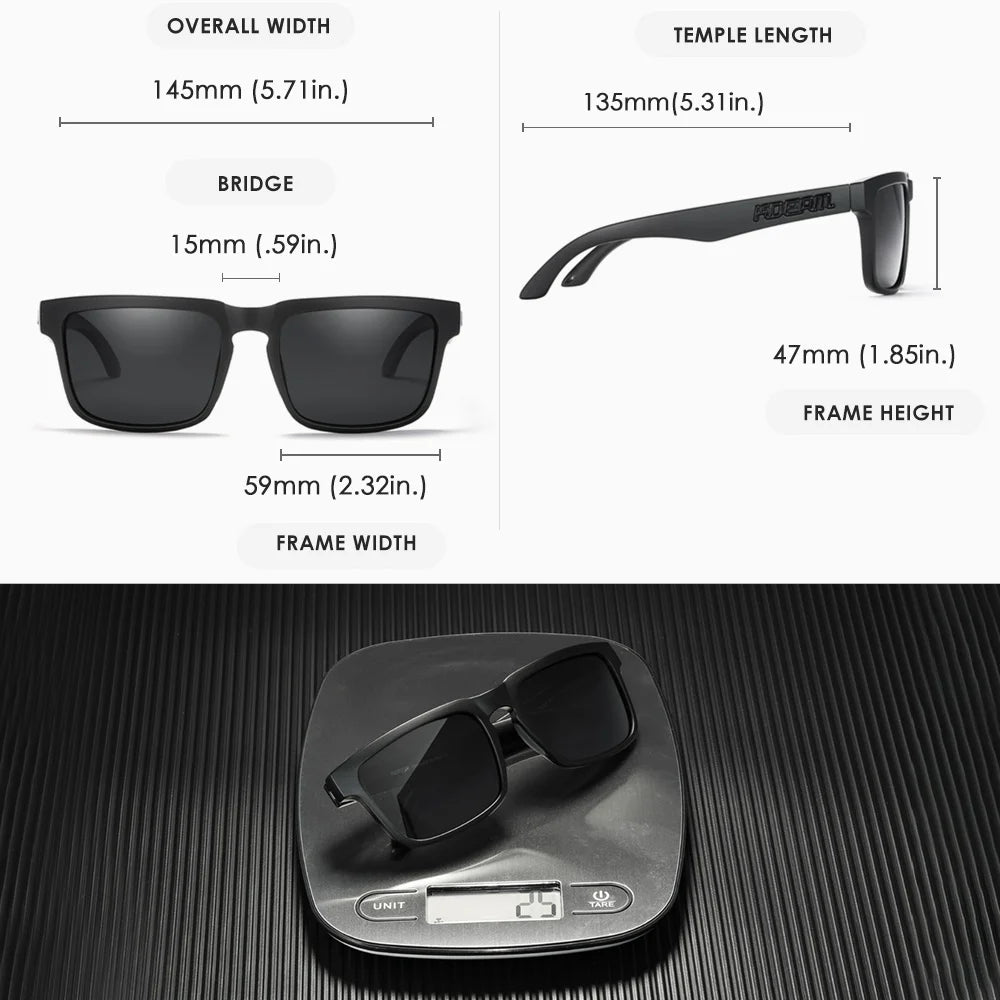KDEAM sunglasses size diagram showing frame dimensions and ergonomic design details