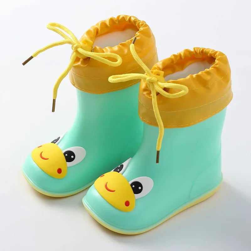 Green and yellow cartoon kids gumboots with non-slip rubber sole
