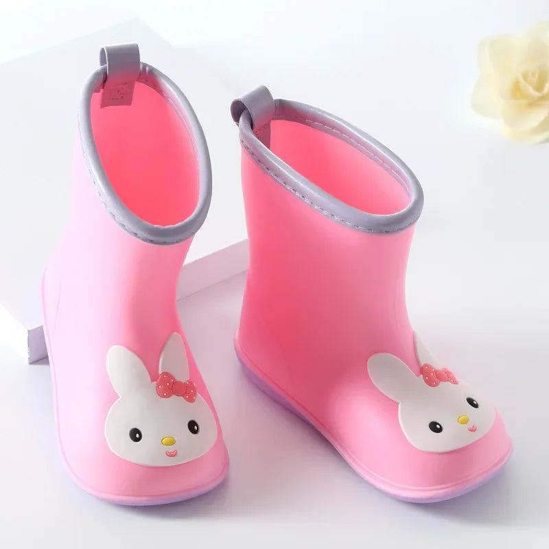 Pink cartoon animal kids rain boots with wide round toe