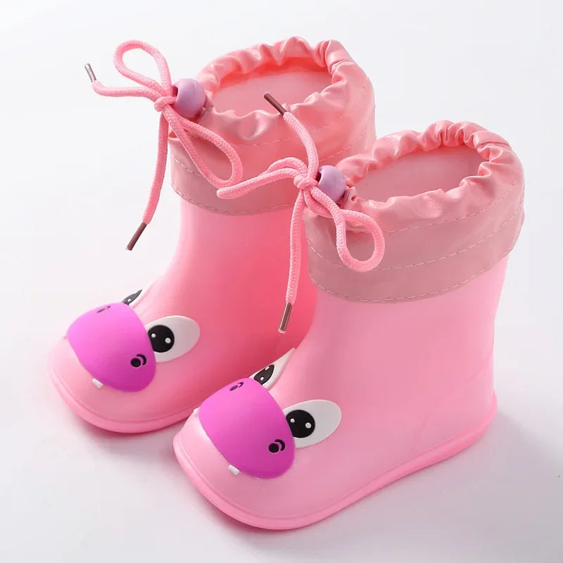 Pink cartoon animal kids waterproof gumboots with insulated lining