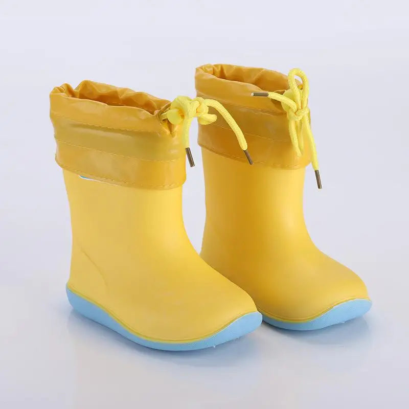 Yellow kids mid calf rain gumboots with warm removable lining