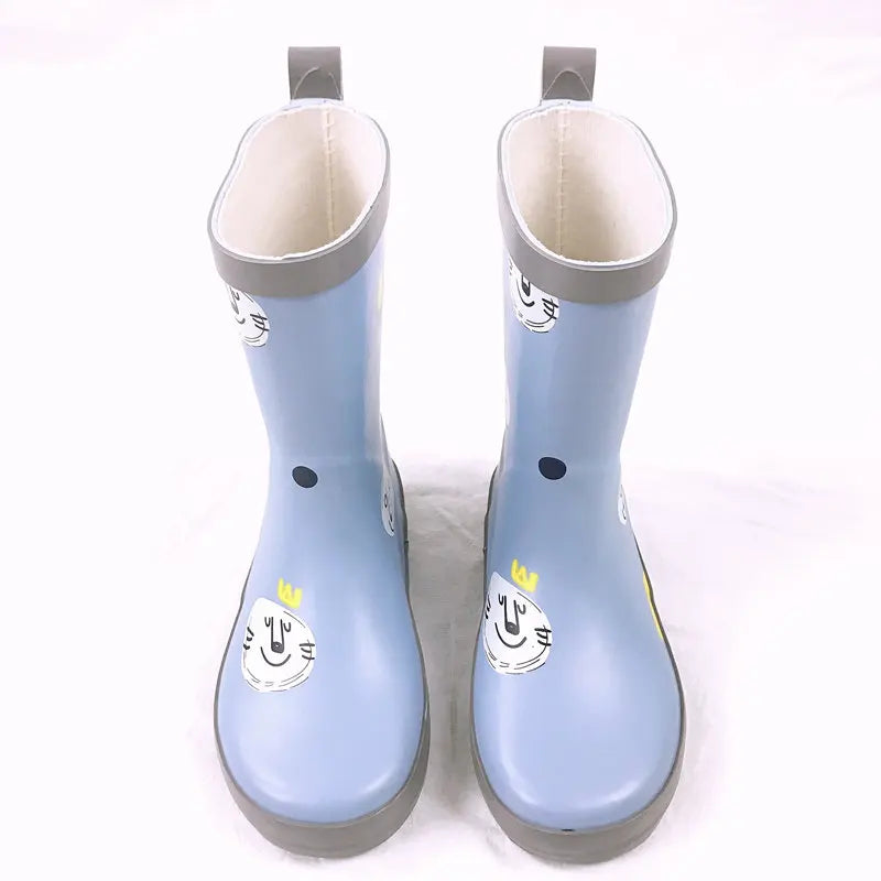 Blue printed kids mid calf rain gumboots front view