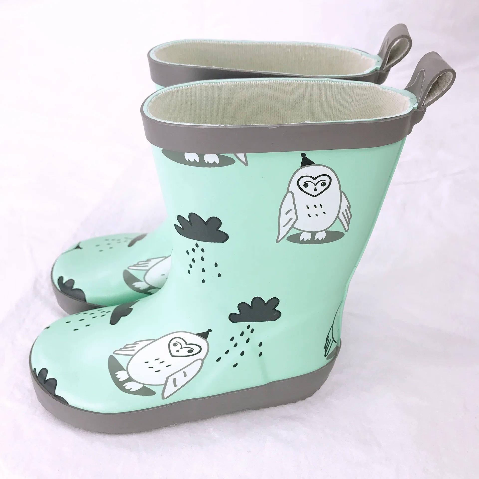 Green printed kids mid calf rain boots with slip on design