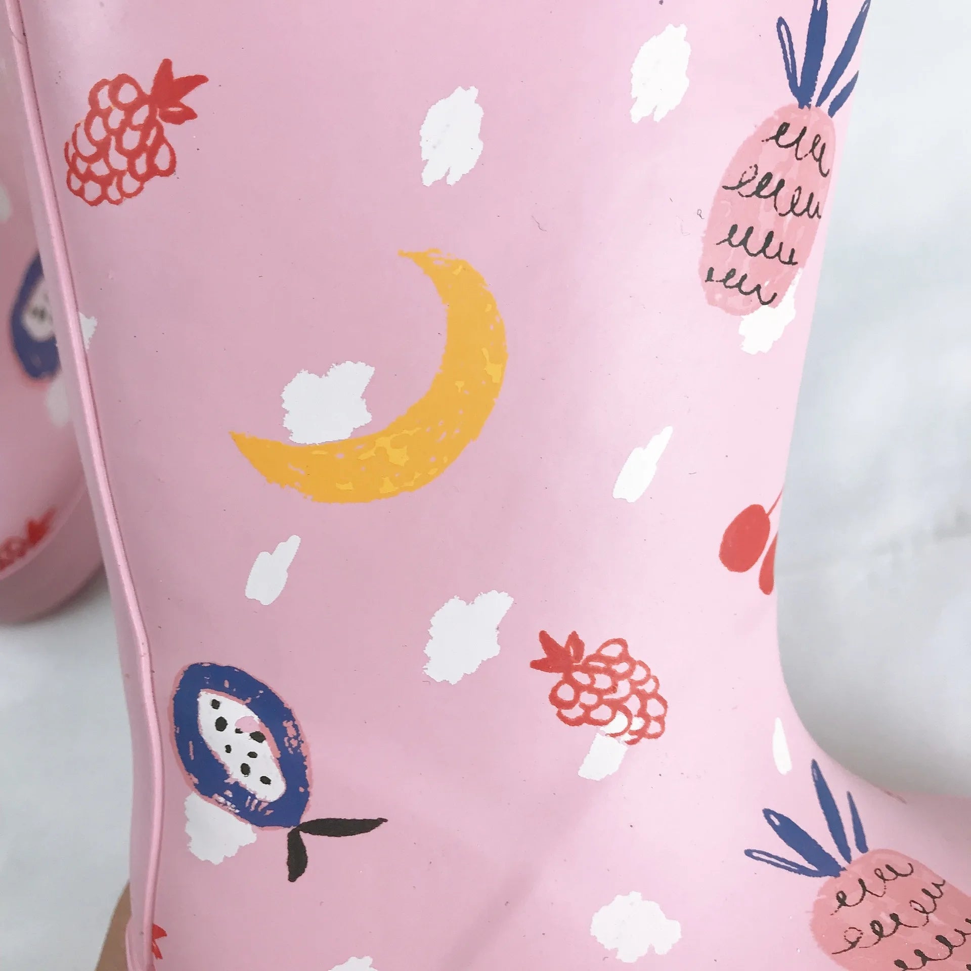 Close up of printed pattern on kids mid calf gumboots