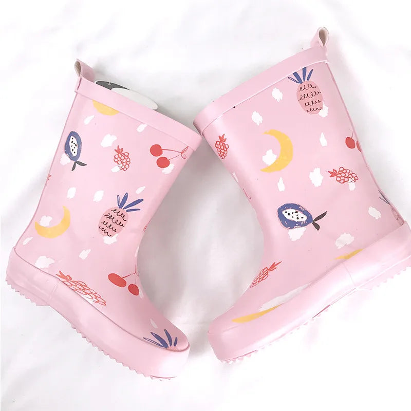 Pink printed kids mid calf gumboots with soft rubber sole