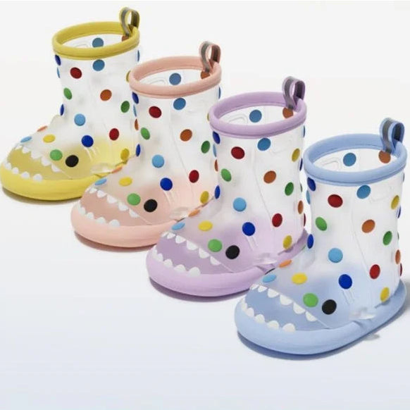 Transparent kids ankle gumboots with colourful dot pattern in multiple colours
