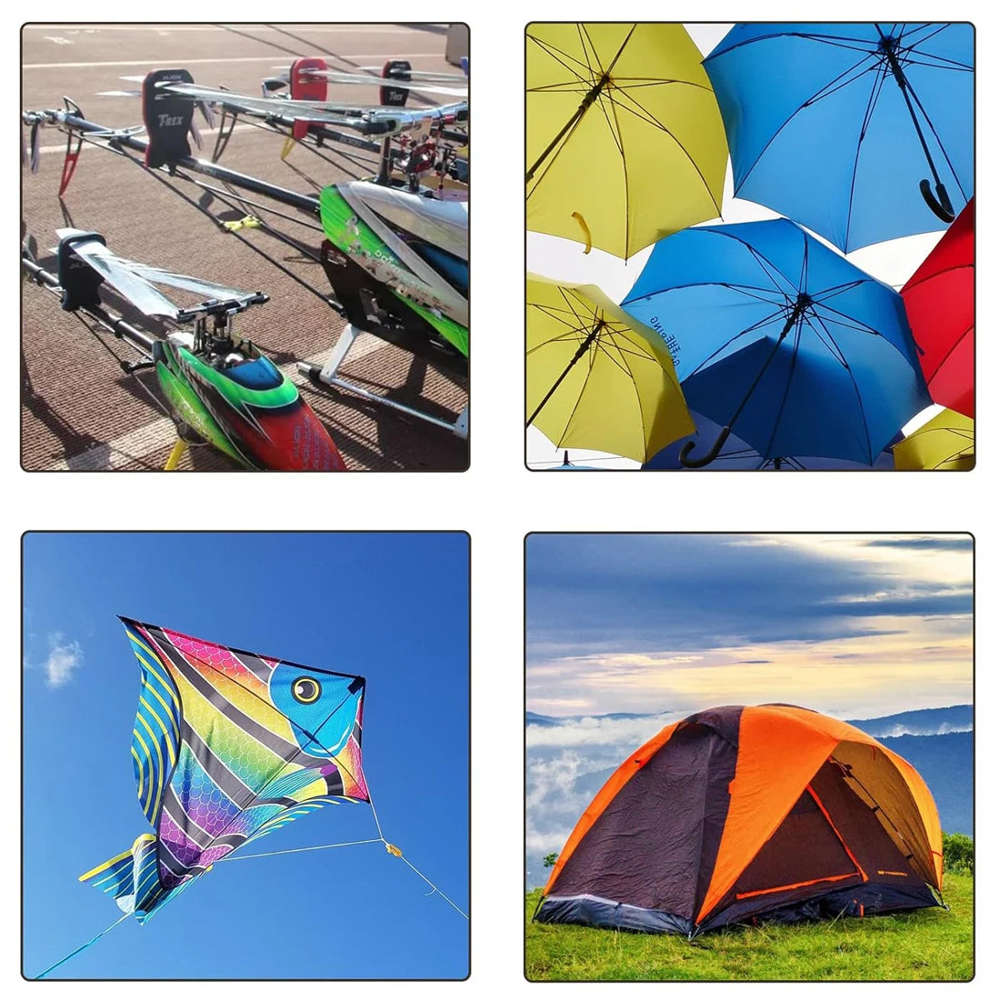 Carbon fibre rods forming strong and flexible kite frame supports for hobby use