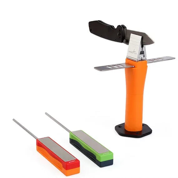 Adjustable angle knife sharpening stand with orange base and sharpening stones