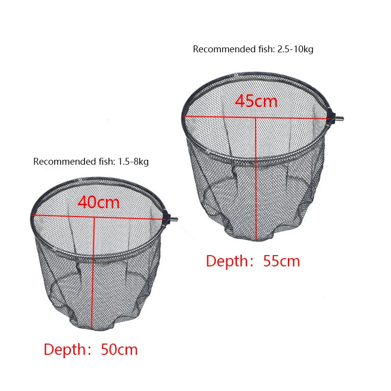 Landing net head diagram showing diameter and net depth options