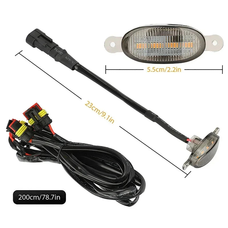 LED light module with wiring harness and measurements showing compact, easy-to-install design.