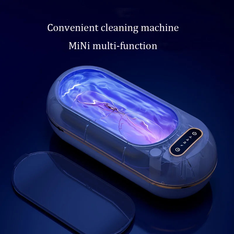 Ultrasonic cleaner with LED lighting showing 40kHz deep cleaning mode for multi-function portable use