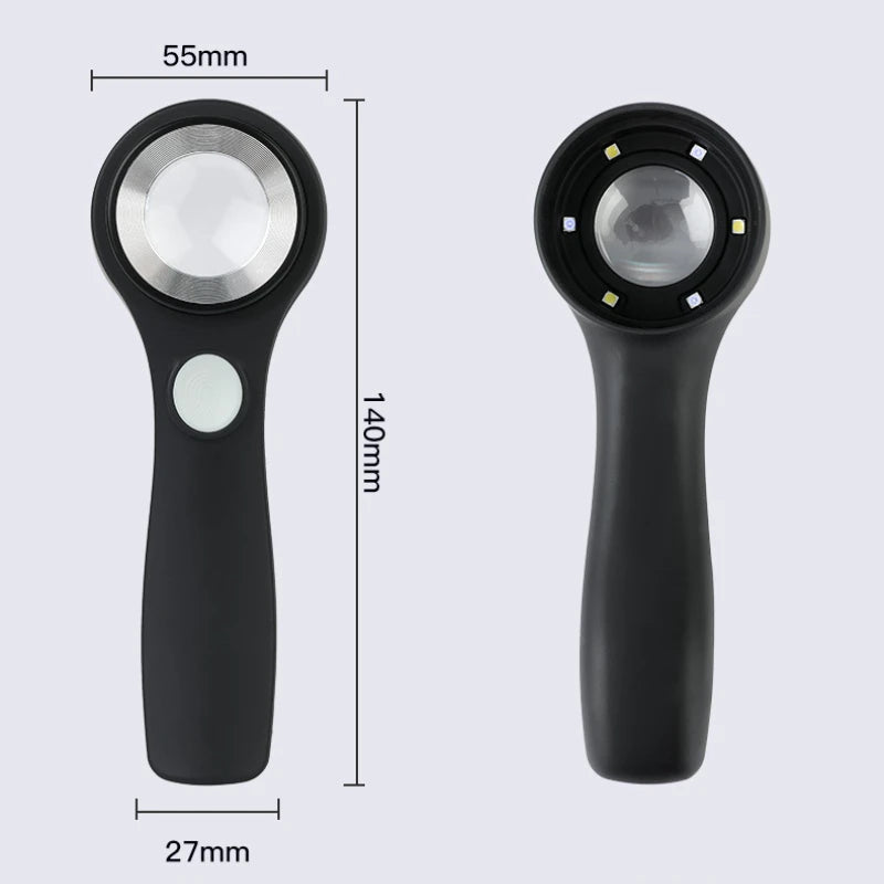 60X LED magnifier with detailed measurements showing compact 140 mm handle and 55 mm lens diameter