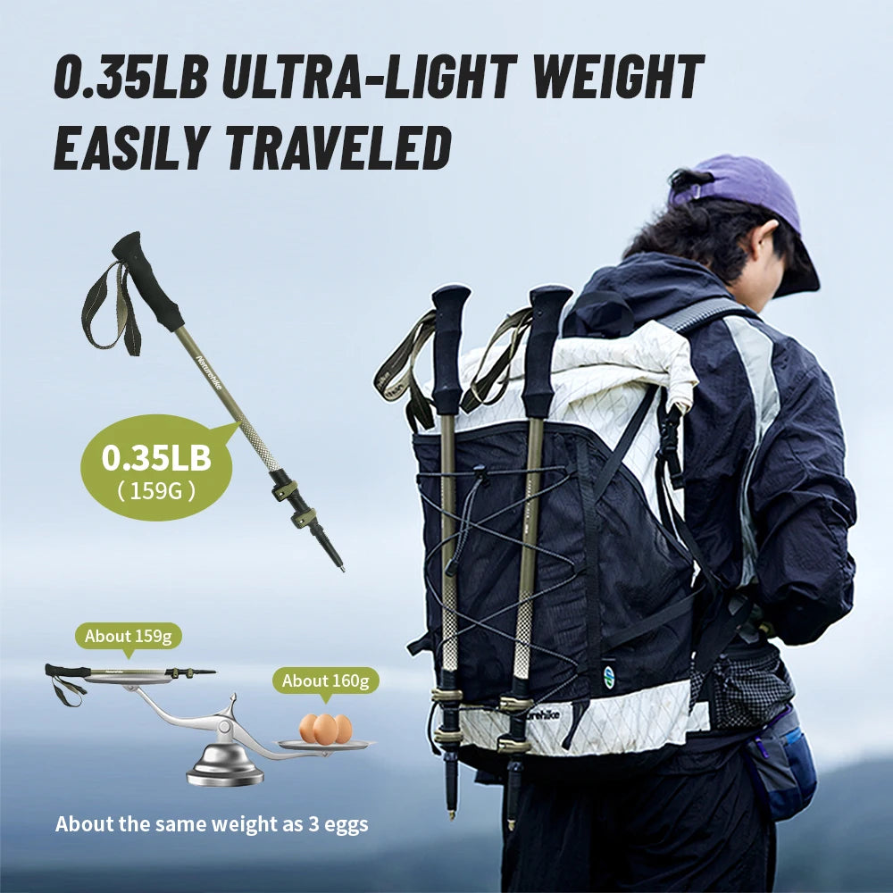 Lightweight trekking poles attached to hiking backpack