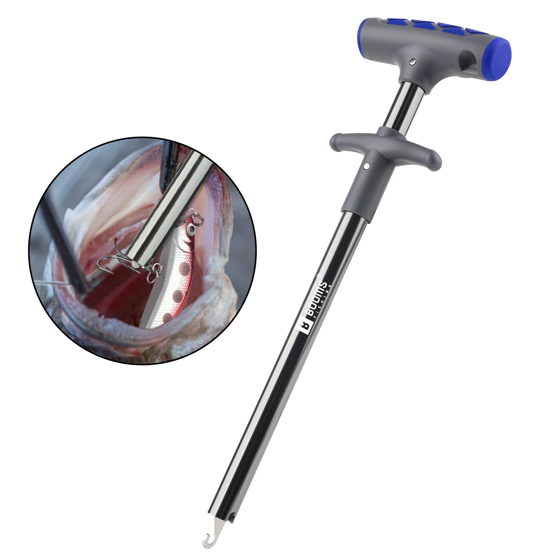 Long fish hook remover tool removing hook from fish mouth