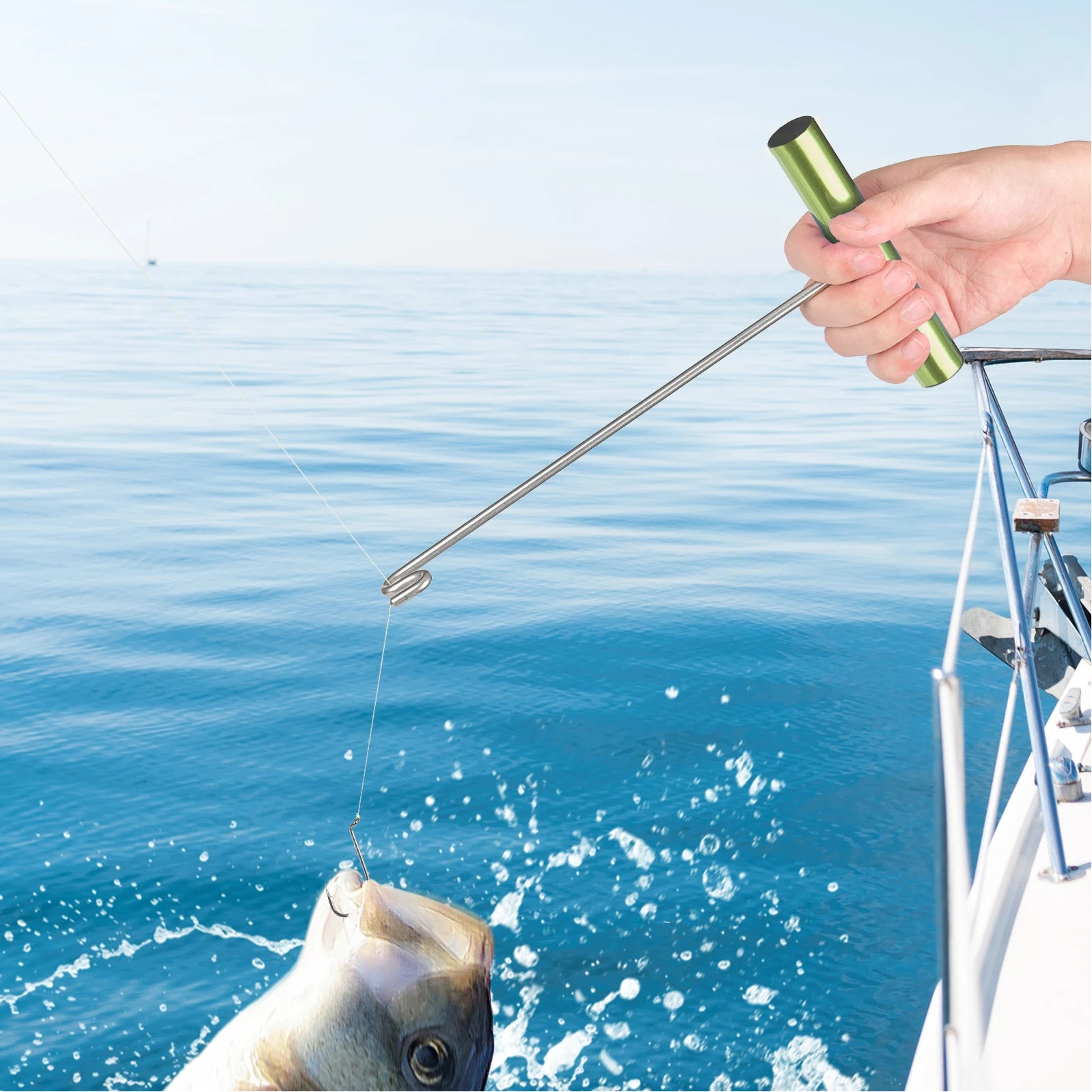 Long reach fish hook remover tool removing hook beside boat