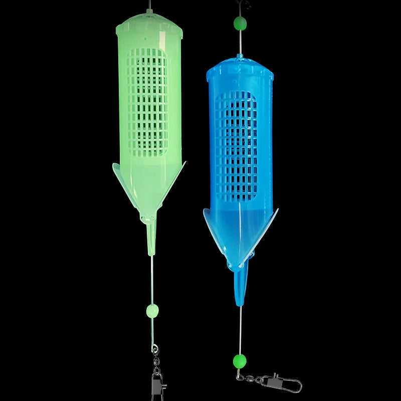 Green and blue luminous bait cage feeders for fishing bait dispersal rigs