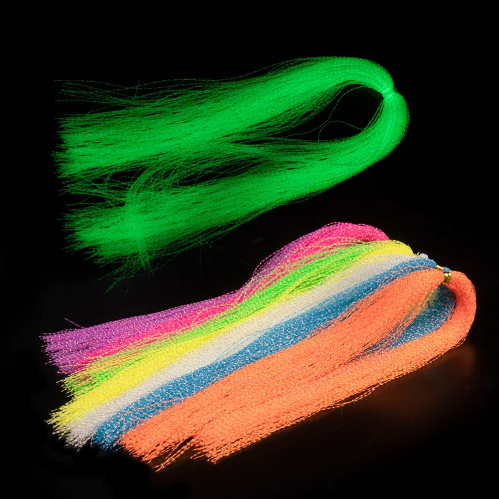 Luminous green holographic flashabou fly tying tinsel glowing under dark light for lure and jig decoration