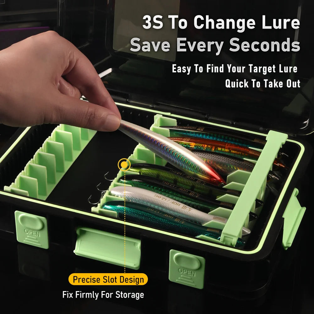 Open lure storage box with stickbaits arranged in anti scratch slots