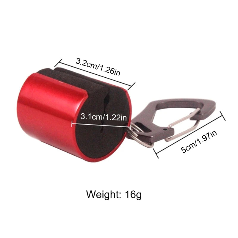 Size diagram of red LUREHOLIC mini aluminium rod holder with keychain clip