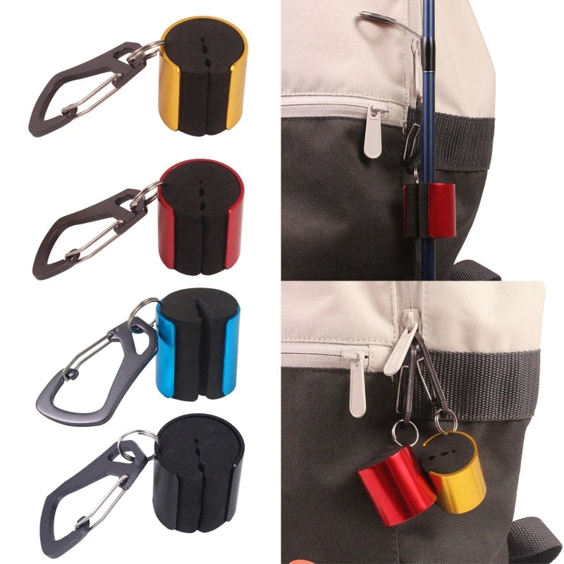 Aluminium fishing rod holders in multiple colours including red, blue, black, and gold