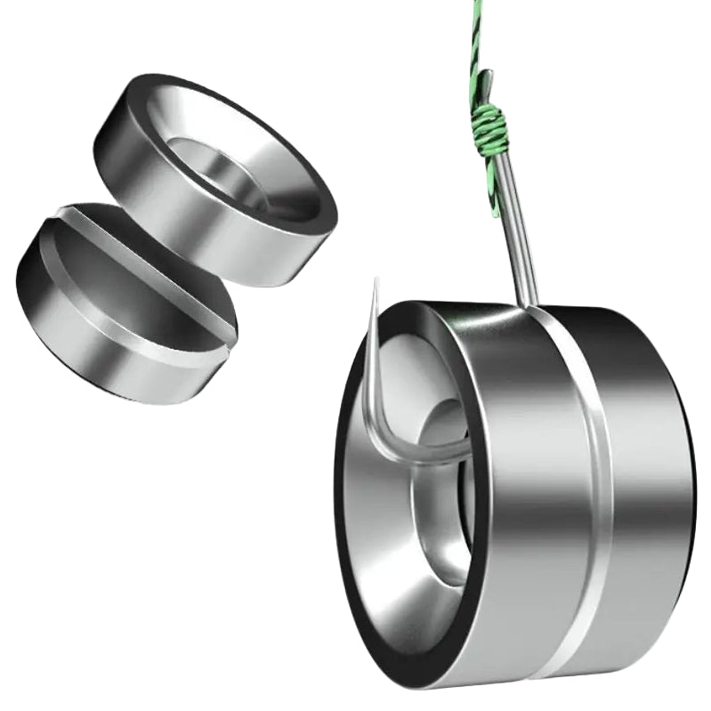 Magnetic fishing connector demonstrating secure line attachment and strong magnetic hold for tackle use