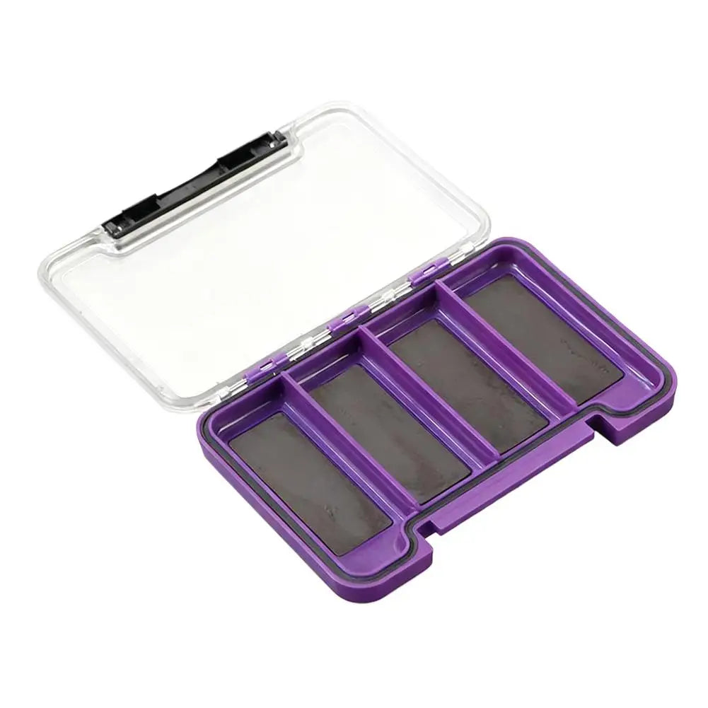 Open magnetic tackle box with four section internal layout