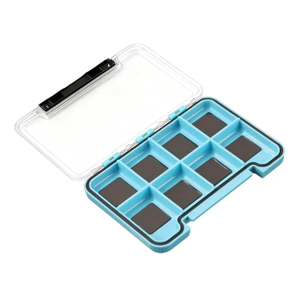 Open magnetic lure organiser with eight small compartments