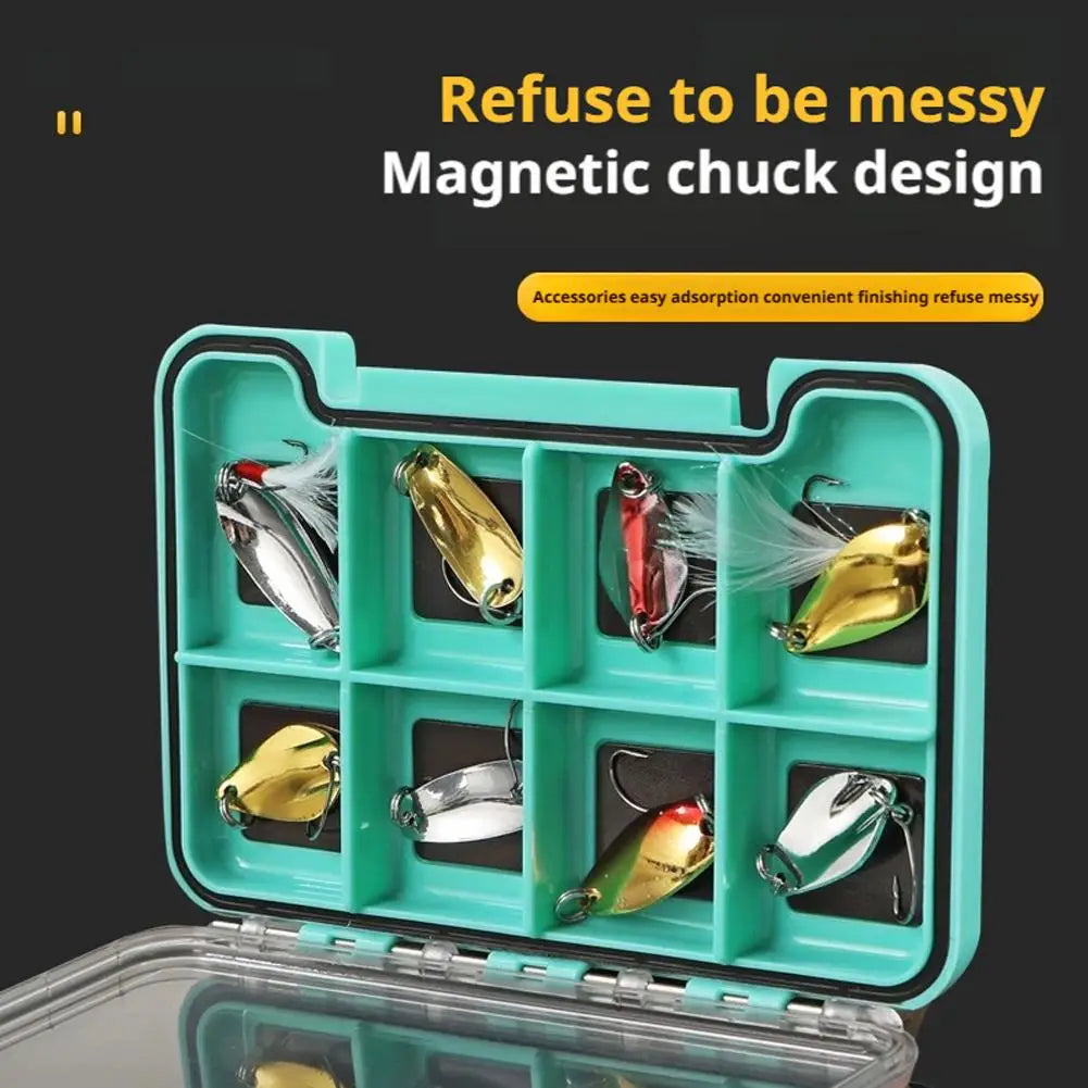 Magnetic lure organiser with small hooks and jig heads secured inside