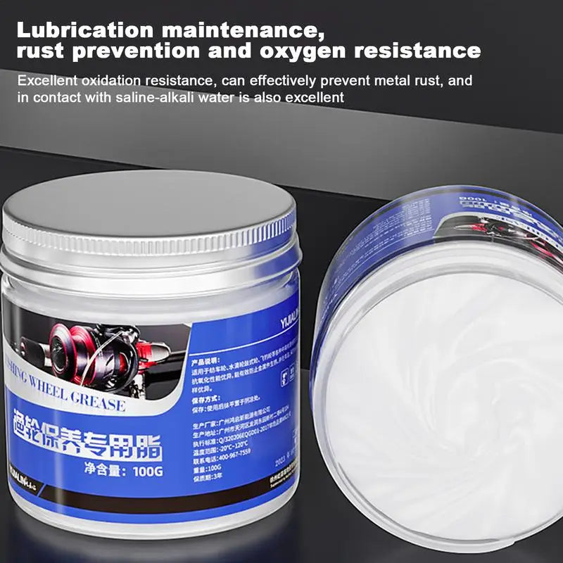 Open jar of marine reel lubrication grease showing texture and sealing properties for waterproof performance