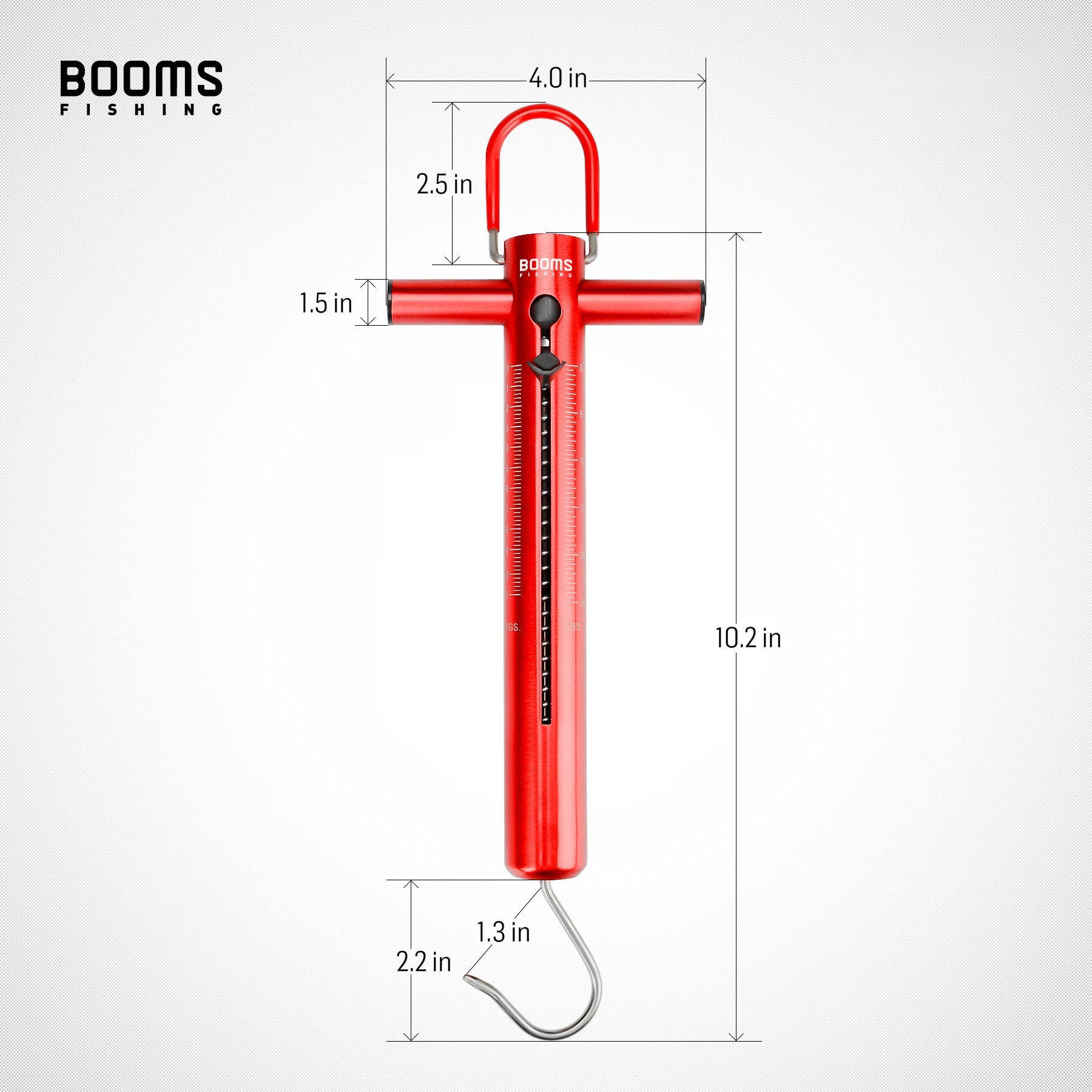 Mechanical fishing scale showing length and hook dimensions