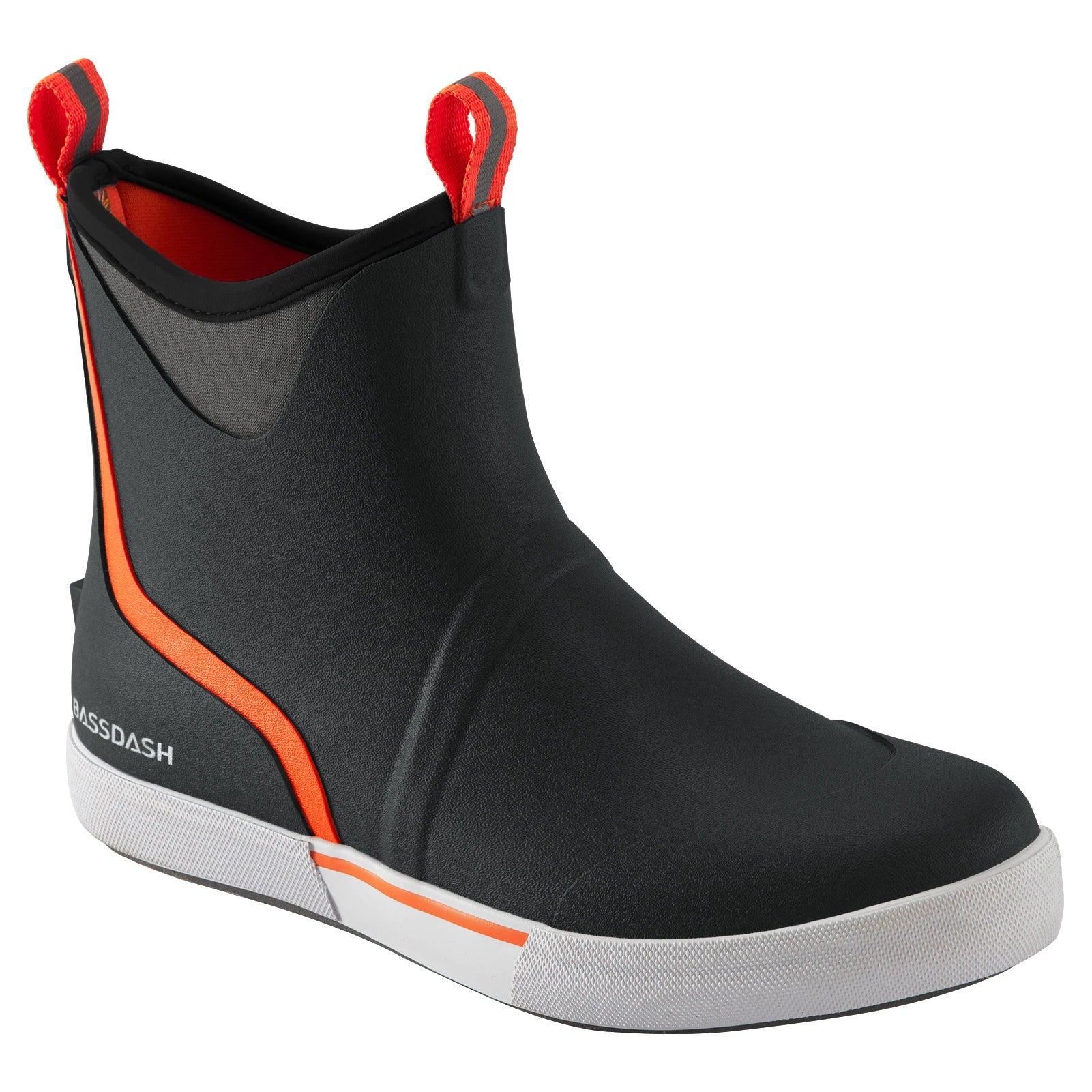 Black men’s ankle deck boots with orange trim and pull tabs