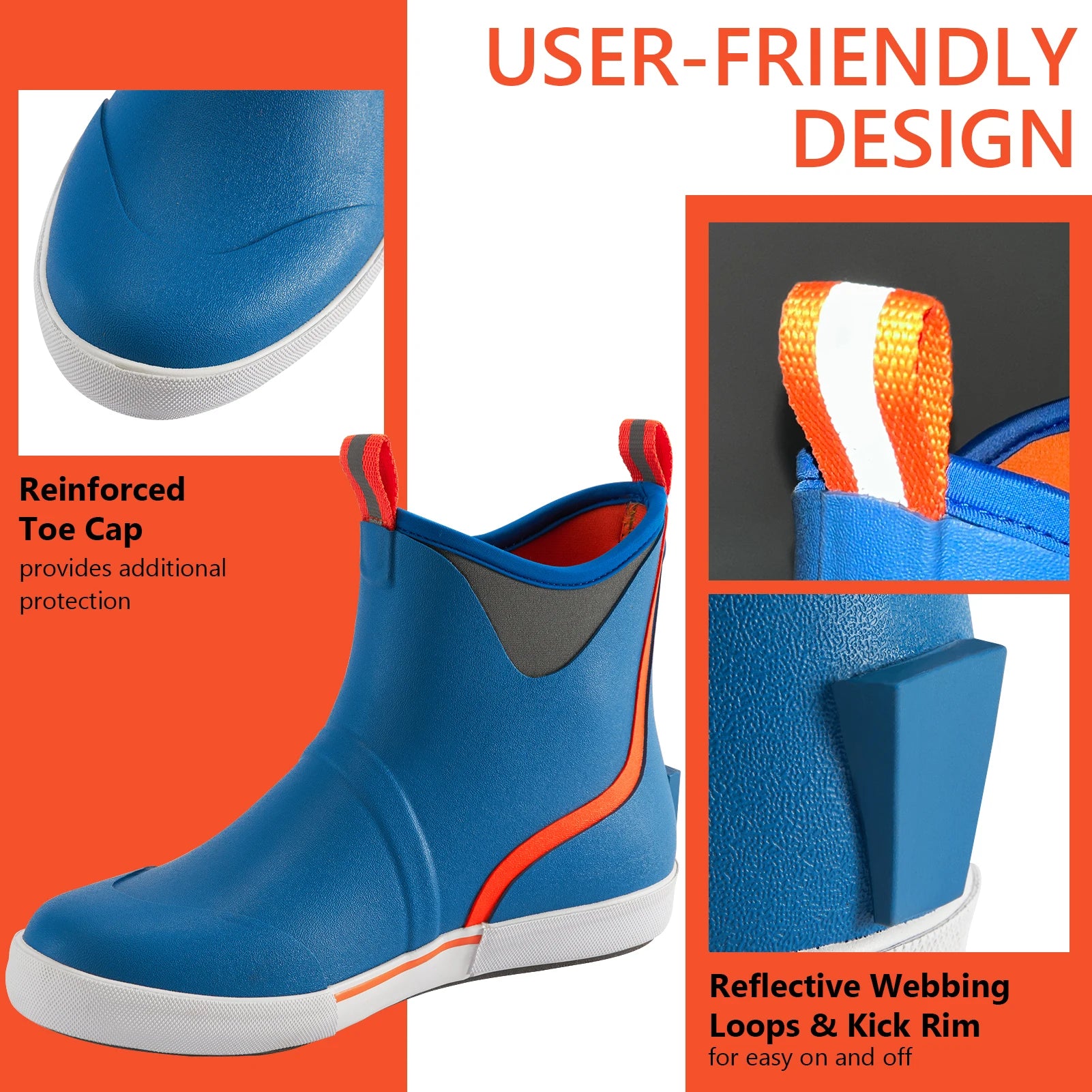 Blue ankle deck boots highlighting pull tabs and flexible upper