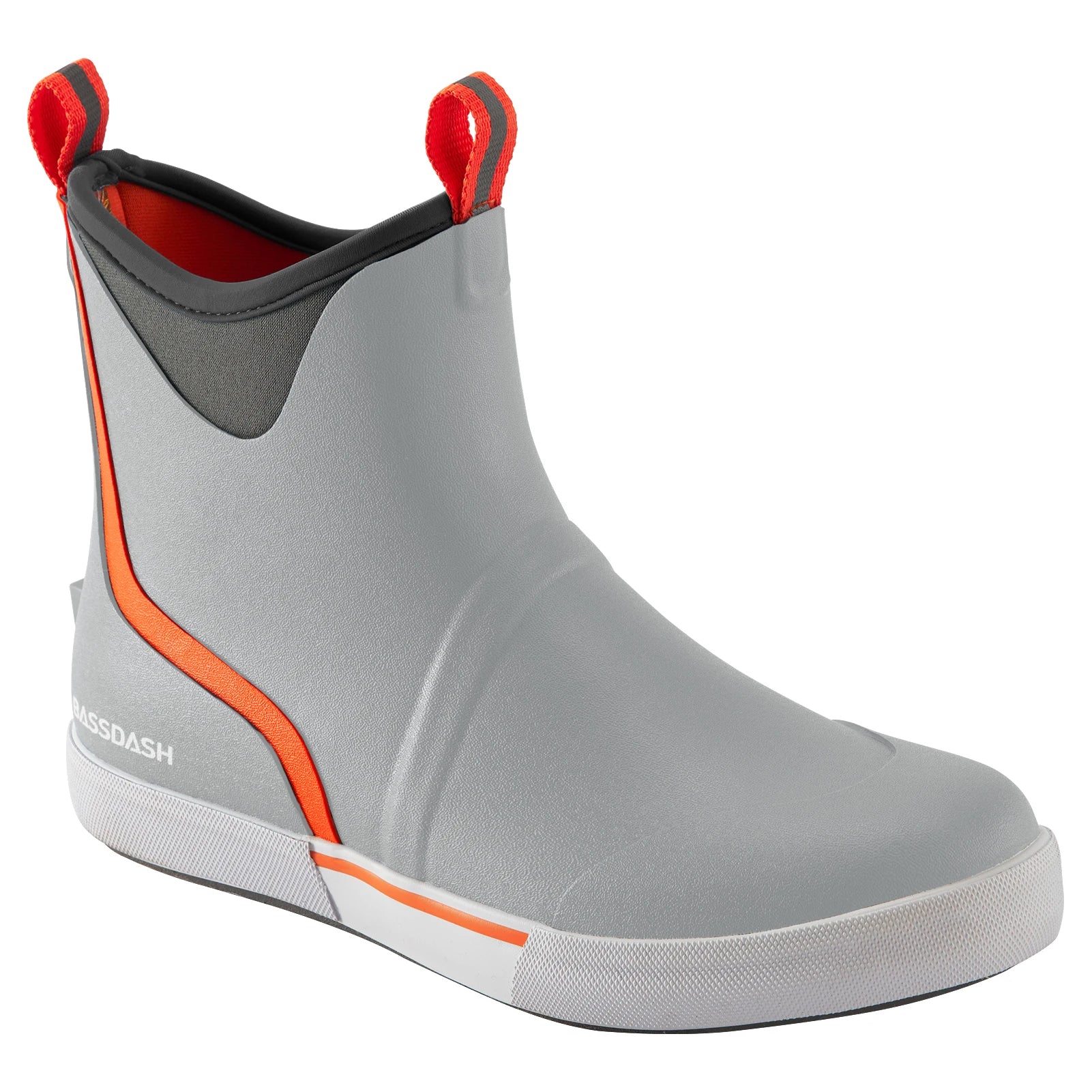 Grey men’s ankle deck boots with orange trim and pull tabs