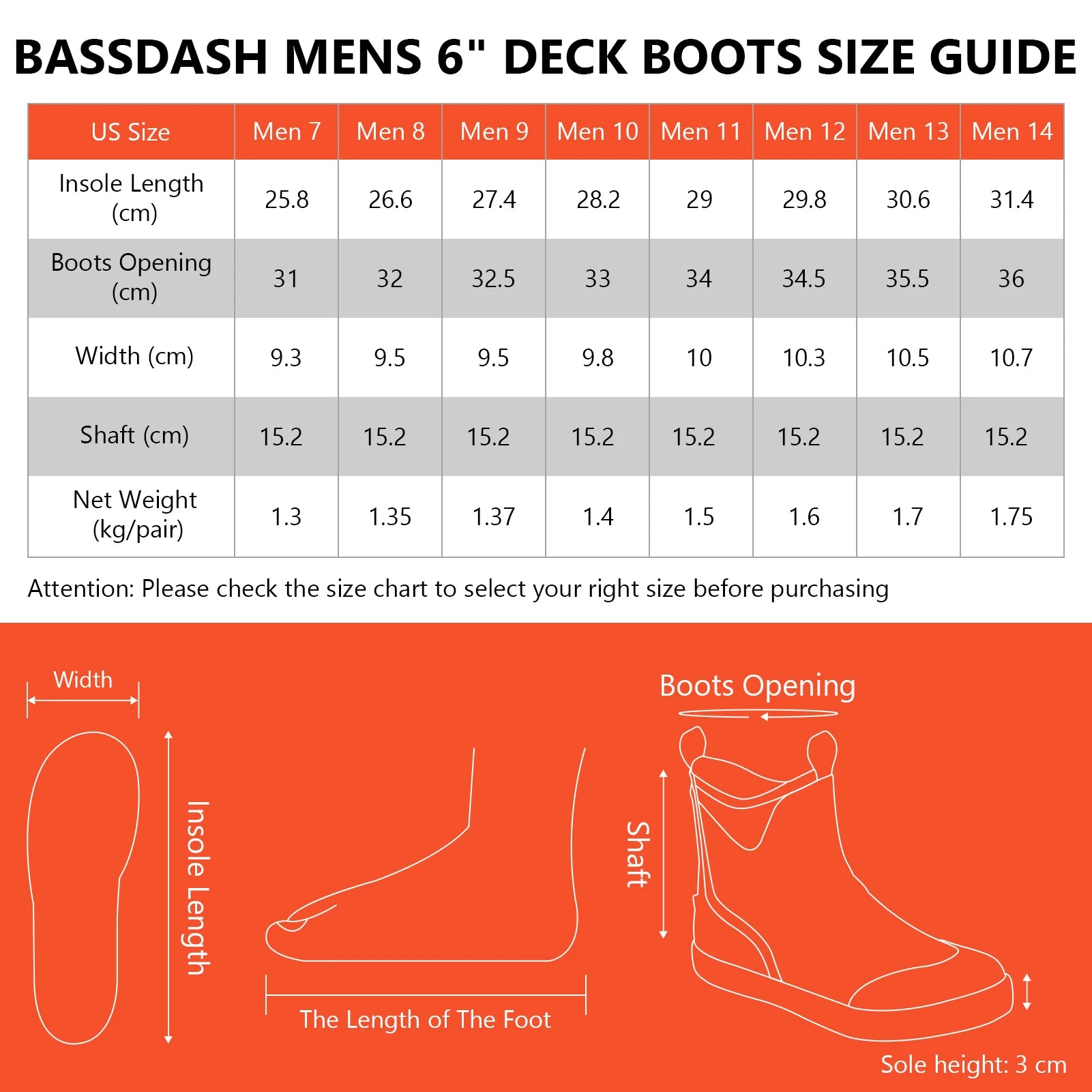 Ankle deck boots size chart showing foot length measurements