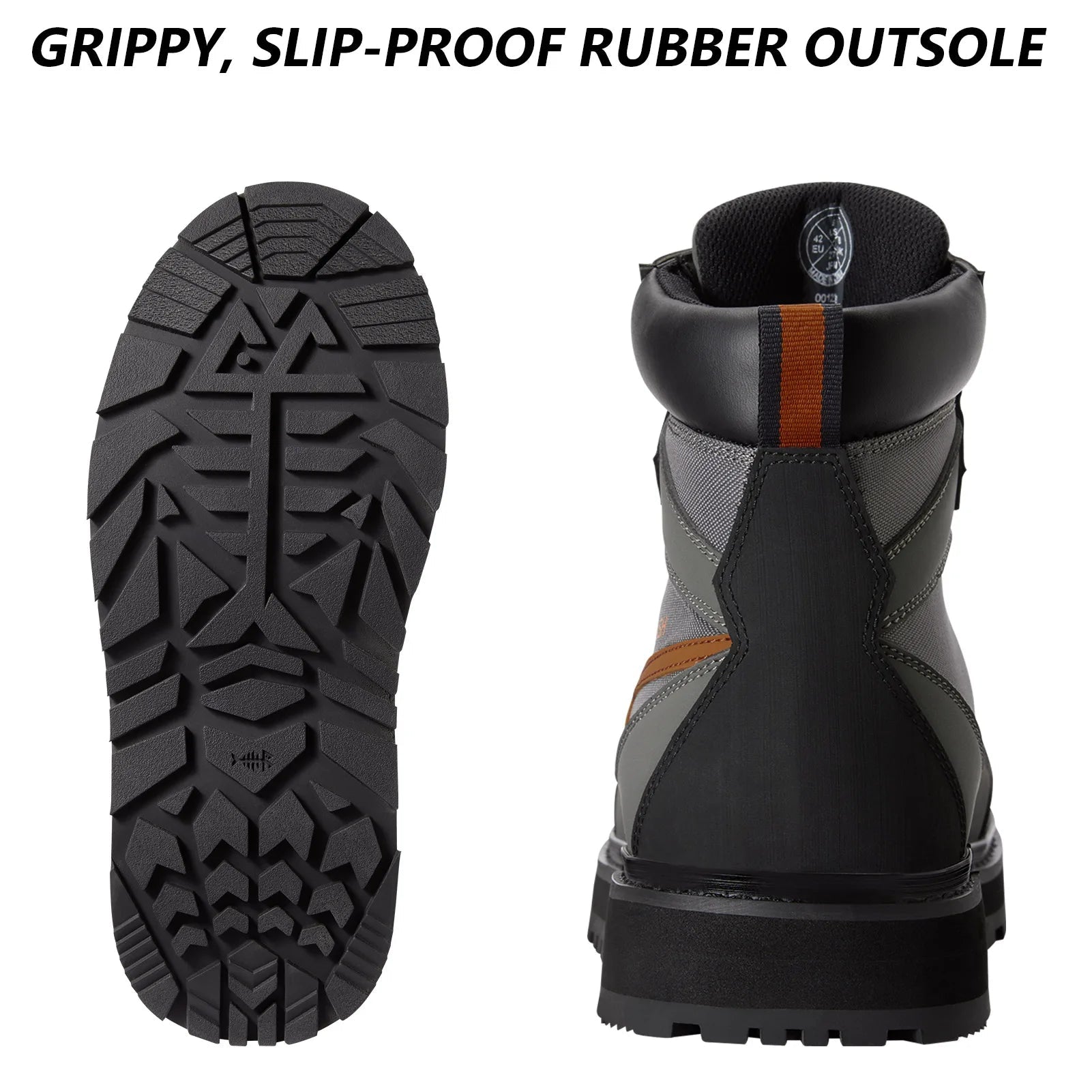 Men’s wading boots outsole showing deep fish scale tread pattern