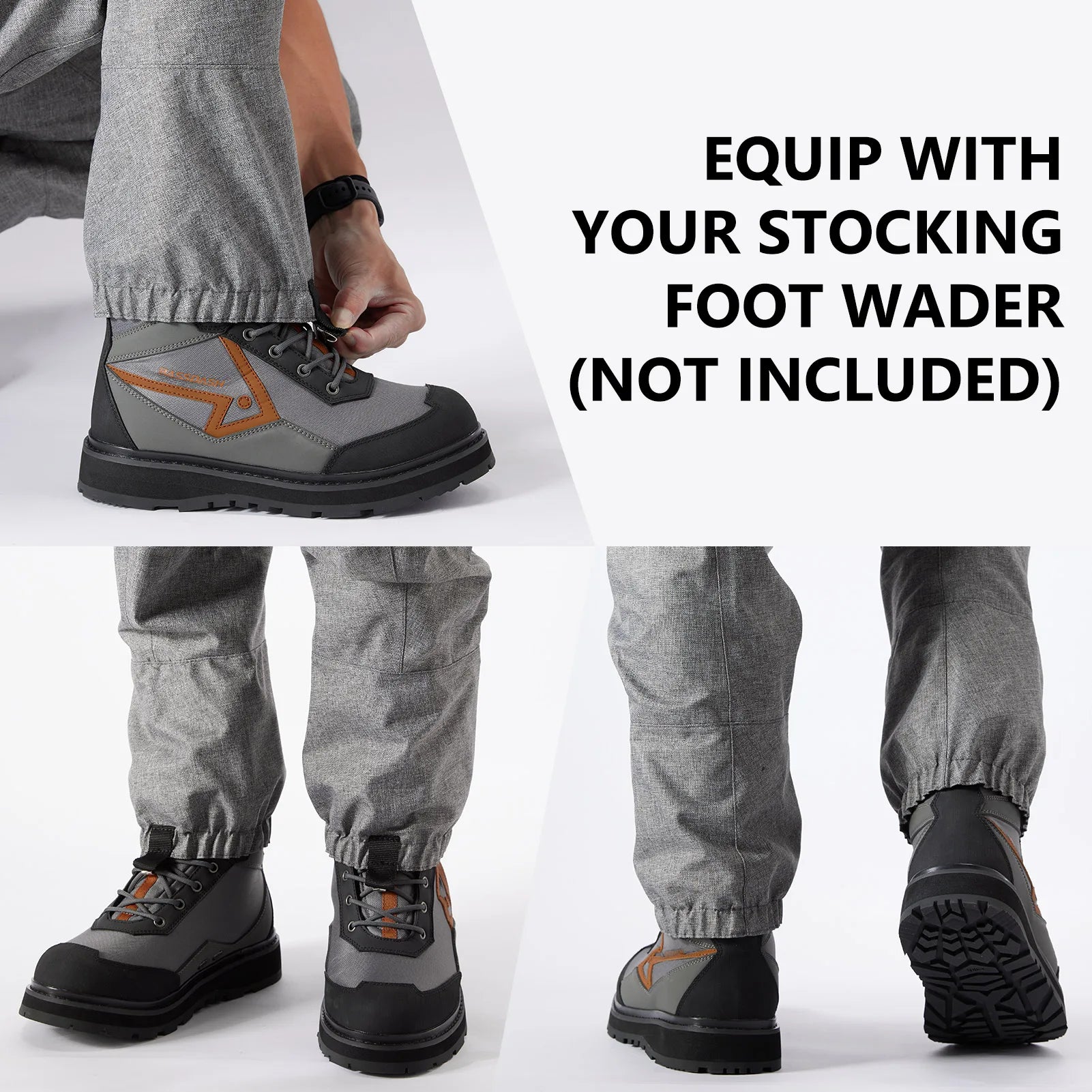 Men wearing wading boots over stocking foot waders outdoors