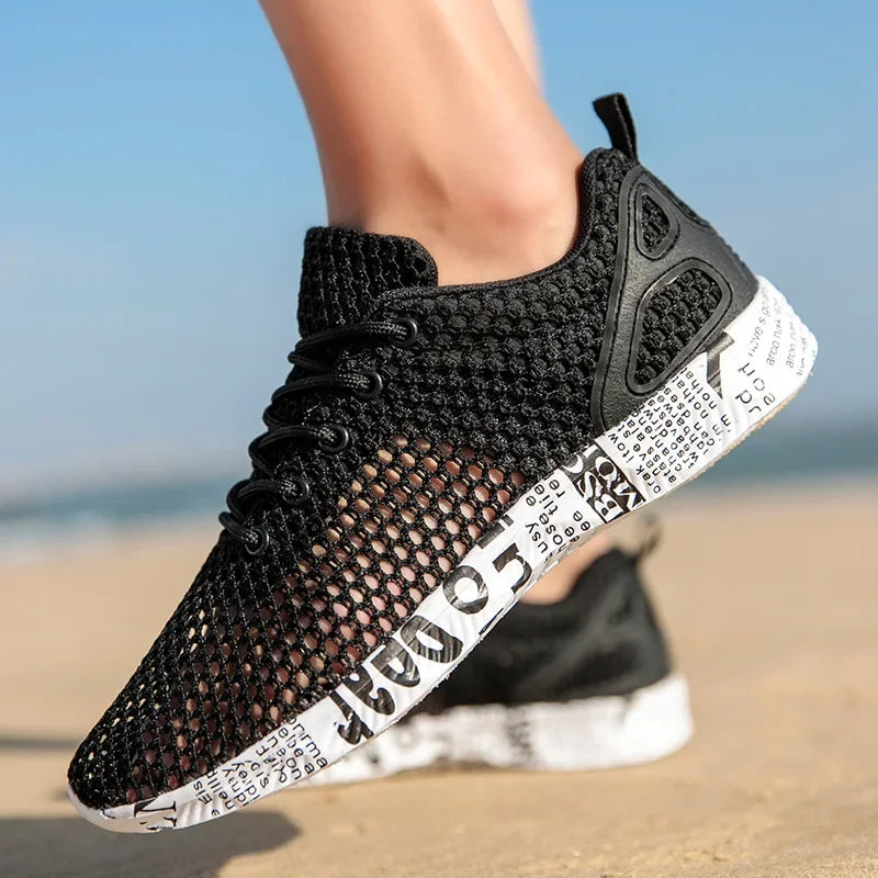 Men’s black mesh water shoes side view with lace up closure