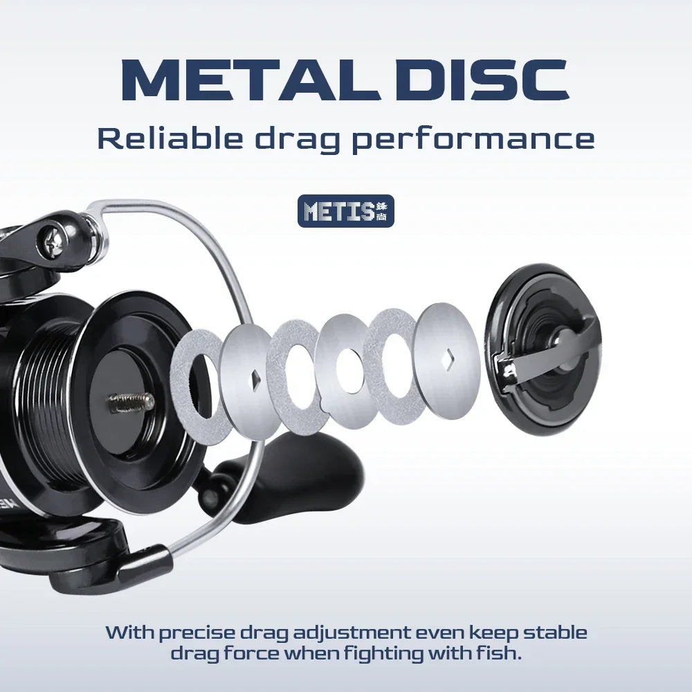 METIS spinning reel drag diagram highlighting metal disc stack for reliable, smooth drag performance